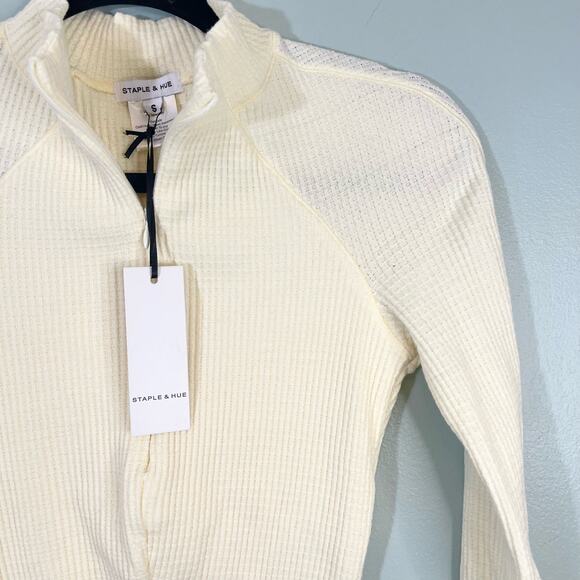 Staple & Hue Women's Cream Ruched Long Sleeve Knit Bodycon Mini Dress Small NWT - Picture 6 of 9